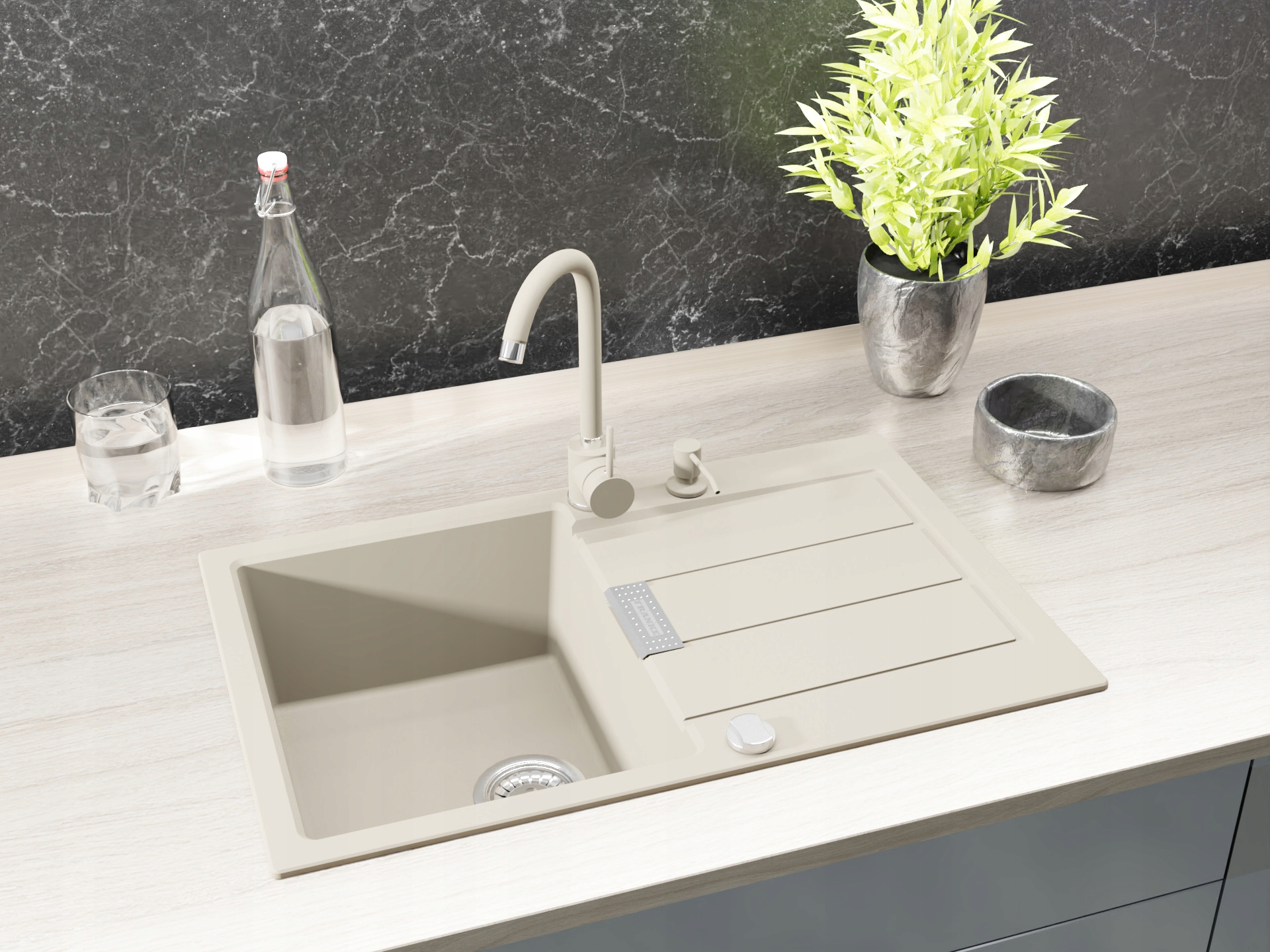 Chiuvetă Fragranite FRANKE Sirius SID + Baterie Beta + Sifon, Distribuitor săpun/cadou, Bej (Nuc)