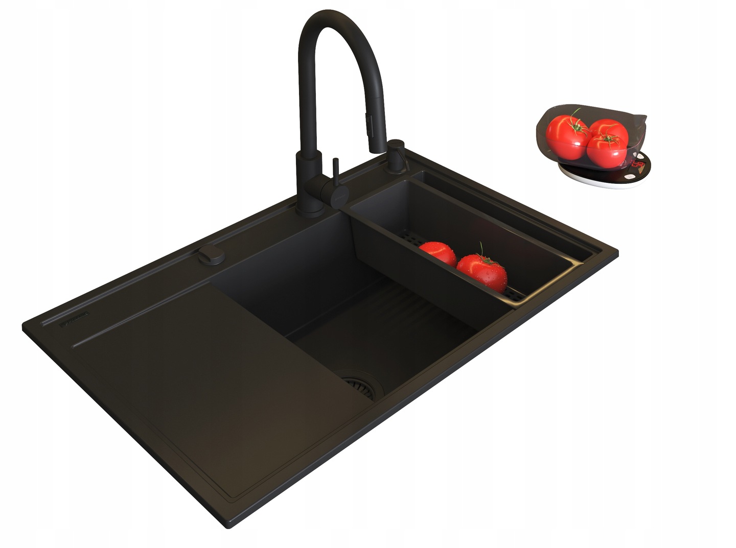 Chiuvetă granit Pyramis Camea Dreapta BLACK EDITION + baterie / dozator / sifon / tavă scurgere + cadou