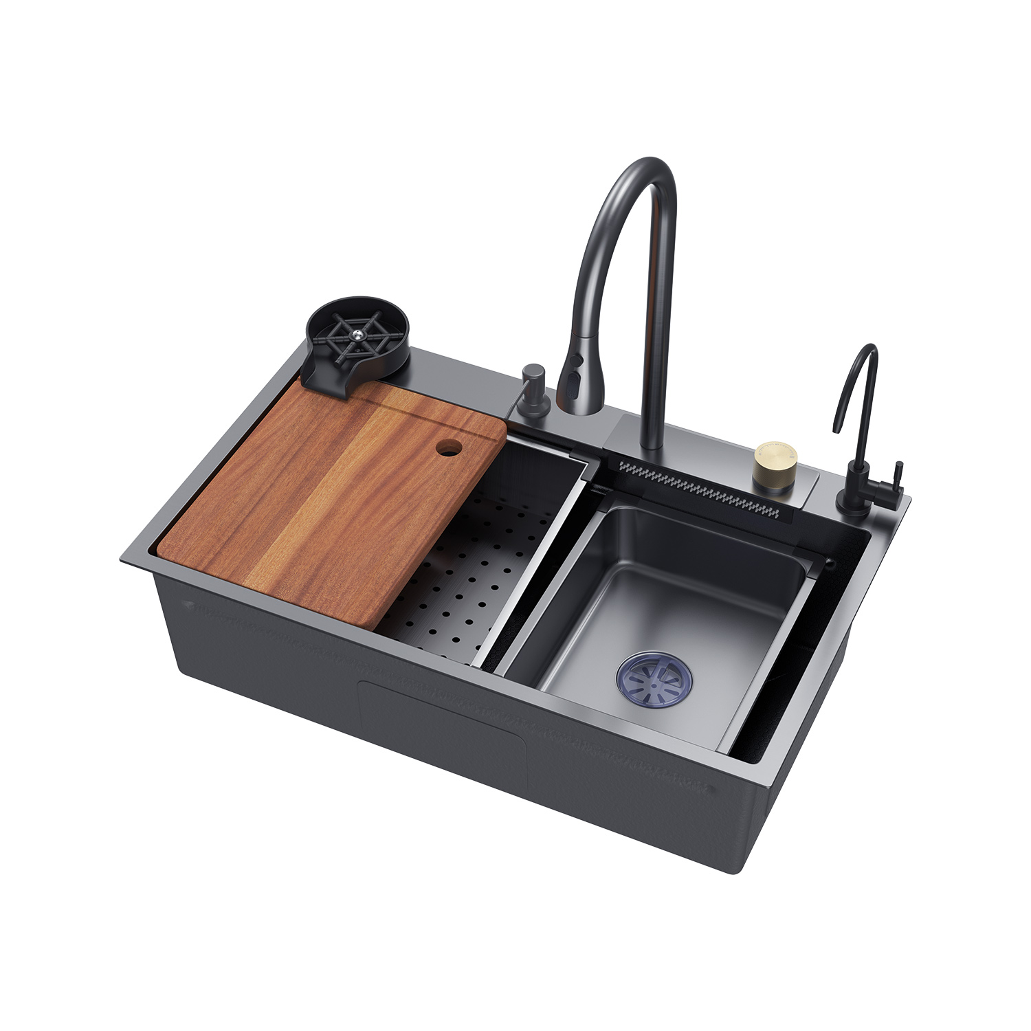 Chiuvetă din oțel negru + Baterie Cascadă + Filtru Apă + Tocător Ager Set