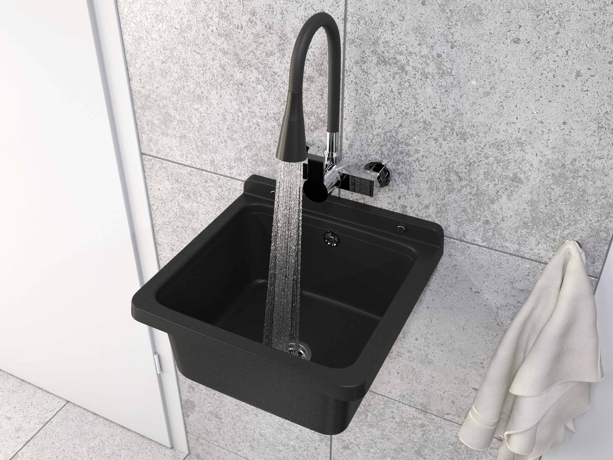Chiuvetă neagră lavoar GOSPODARCĂ pentru spălătorie cu CUPĂ tehnică ORTA + SIFON