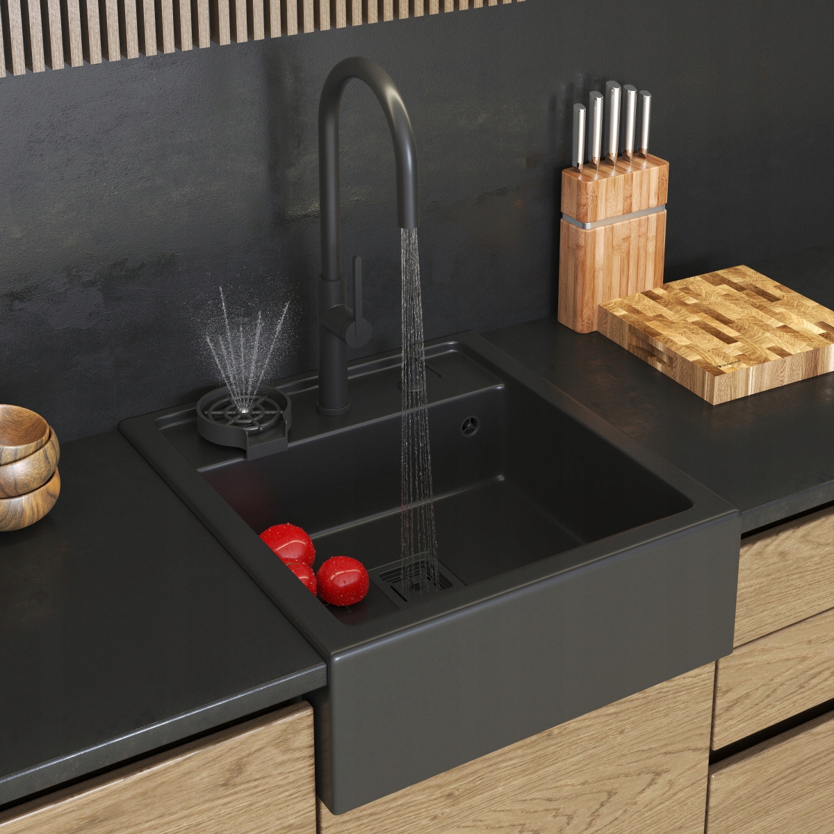 Set chiuvetă granit stil scandinav fermier negru robinet dozator burete set