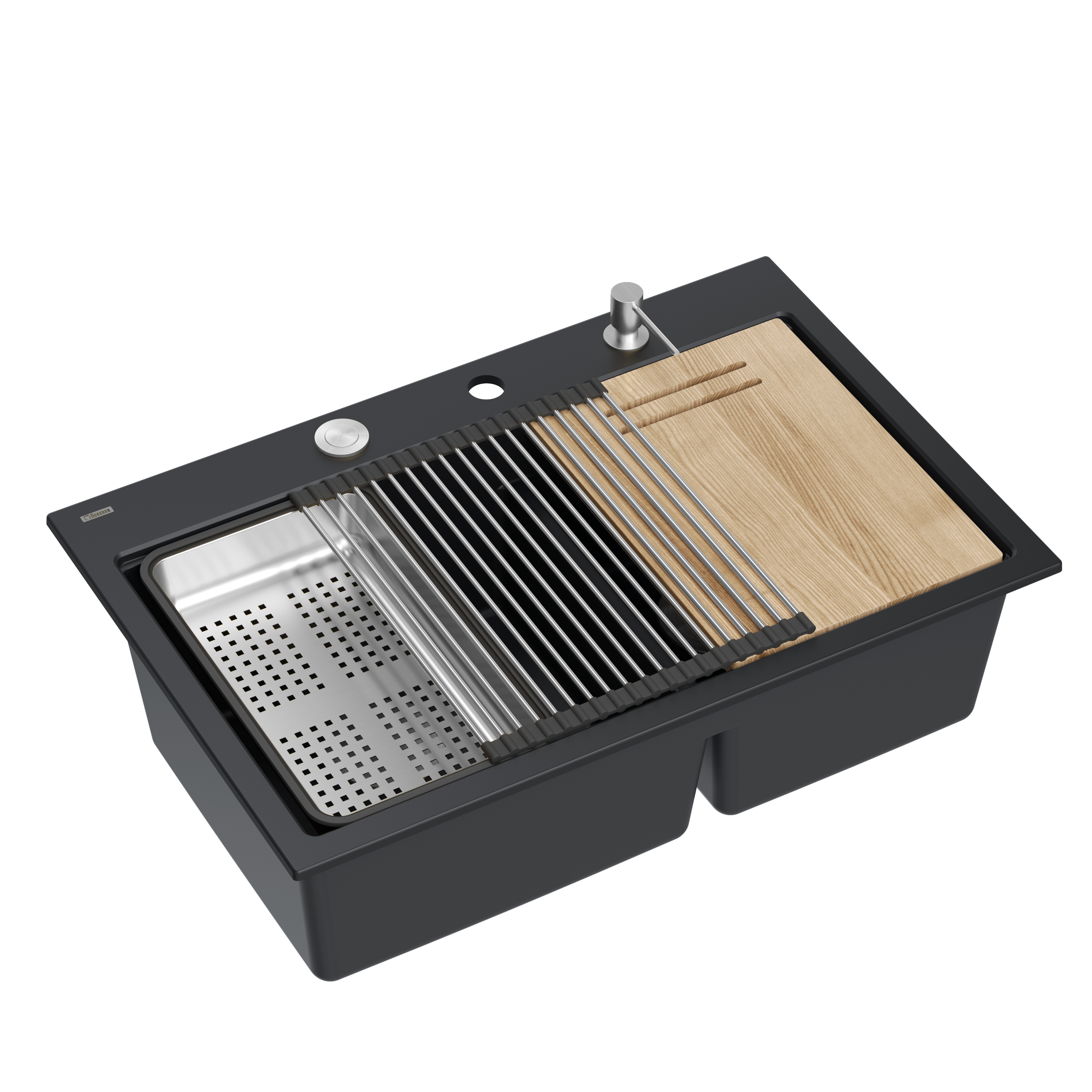Chiuvetă de bucătărie cu două cuve MARC 120 WORKSTATION NEGRU MAT 76x50 Set crom