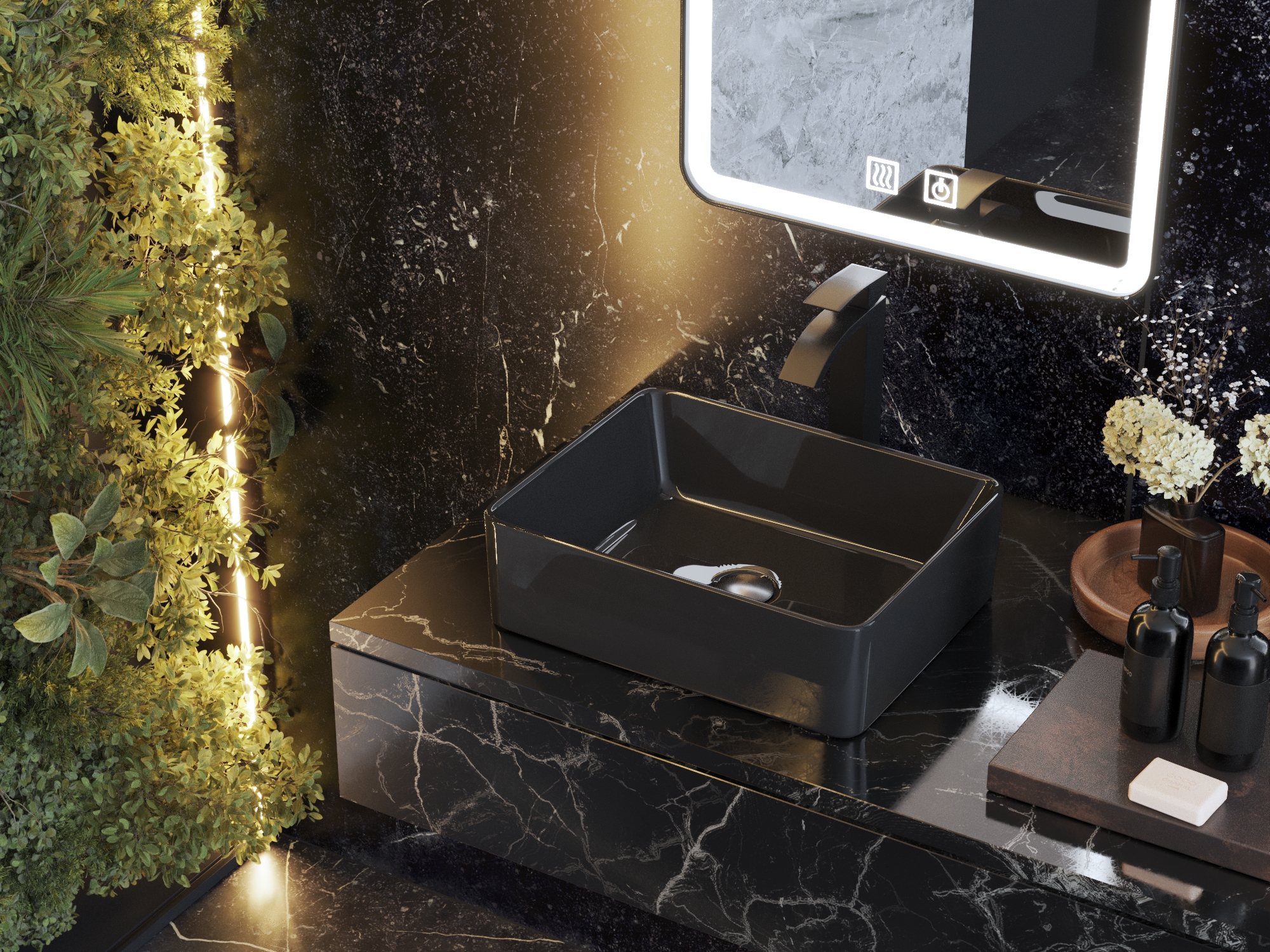 Lavoar dreptunghiular pe blat ceramic negru baie VEGA