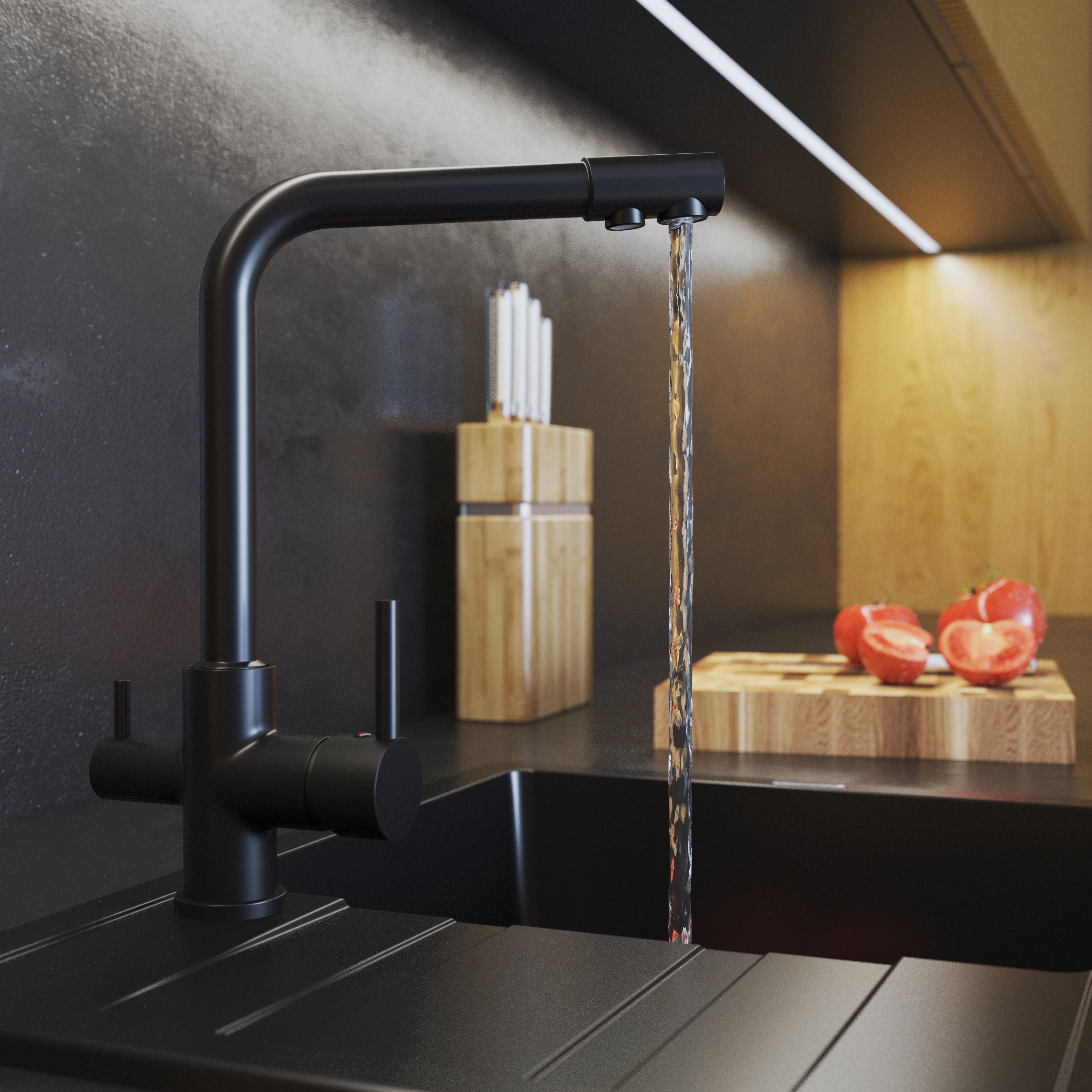 Baterie bucatarie trei cai robinet pentru filtru de apa negru FLOW