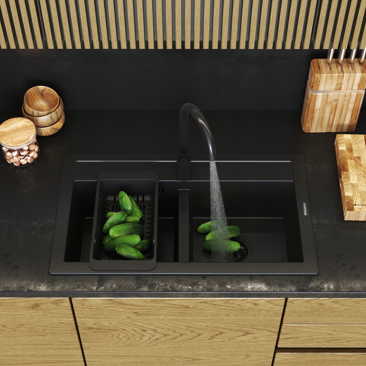 Chiuvetă granit dublă DUET set NEGRU SIFON PRESTIGE PLUS