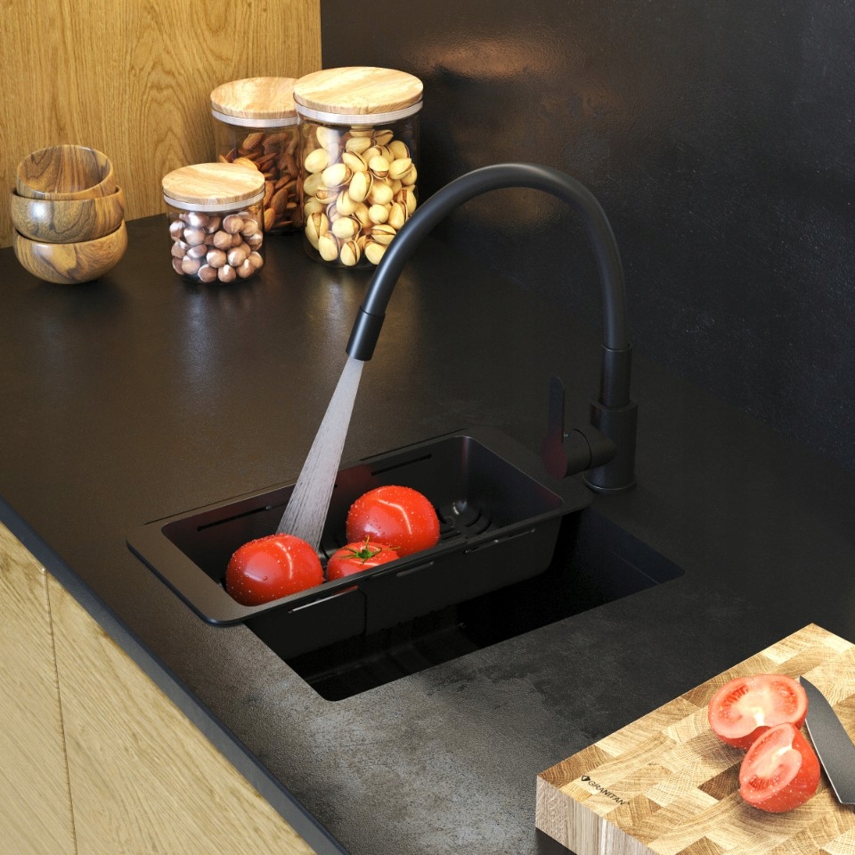 Chiuvetă granit submontată NEGRU NANO Set chiuvetă baterie sifon