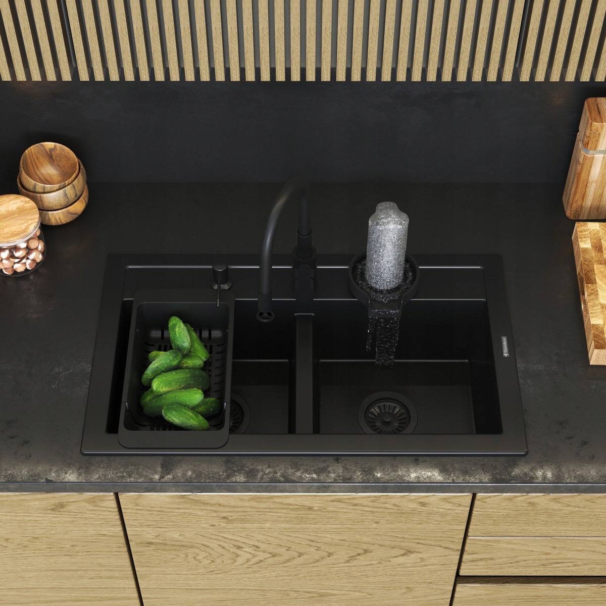 Chiuvetă granit dublă DUET set NEGRU Baterie sifon pulverizator