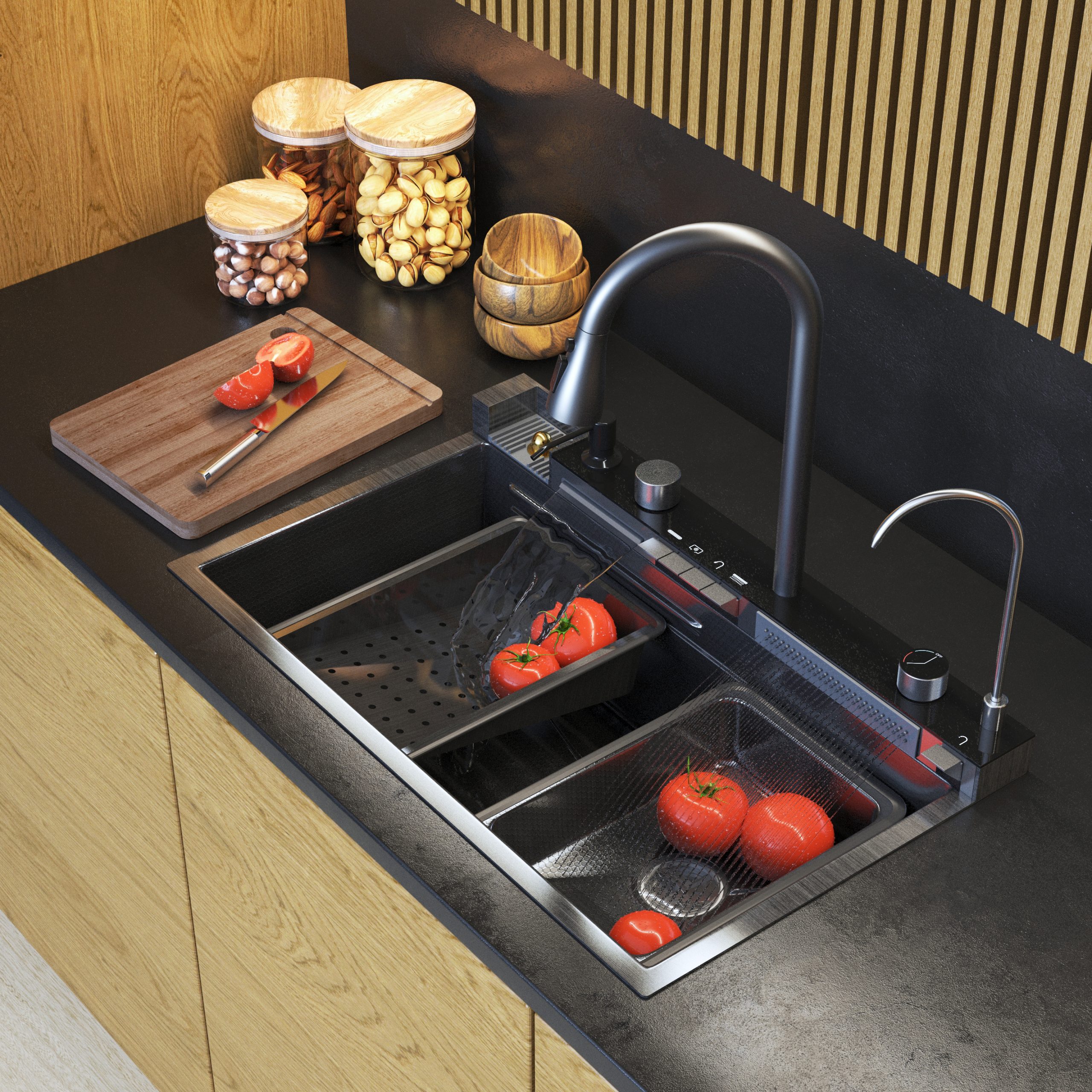 Chiuvetă inox GUN GREY SET cu BATERIE CASCADA MULTIFUNCȚIONALĂ