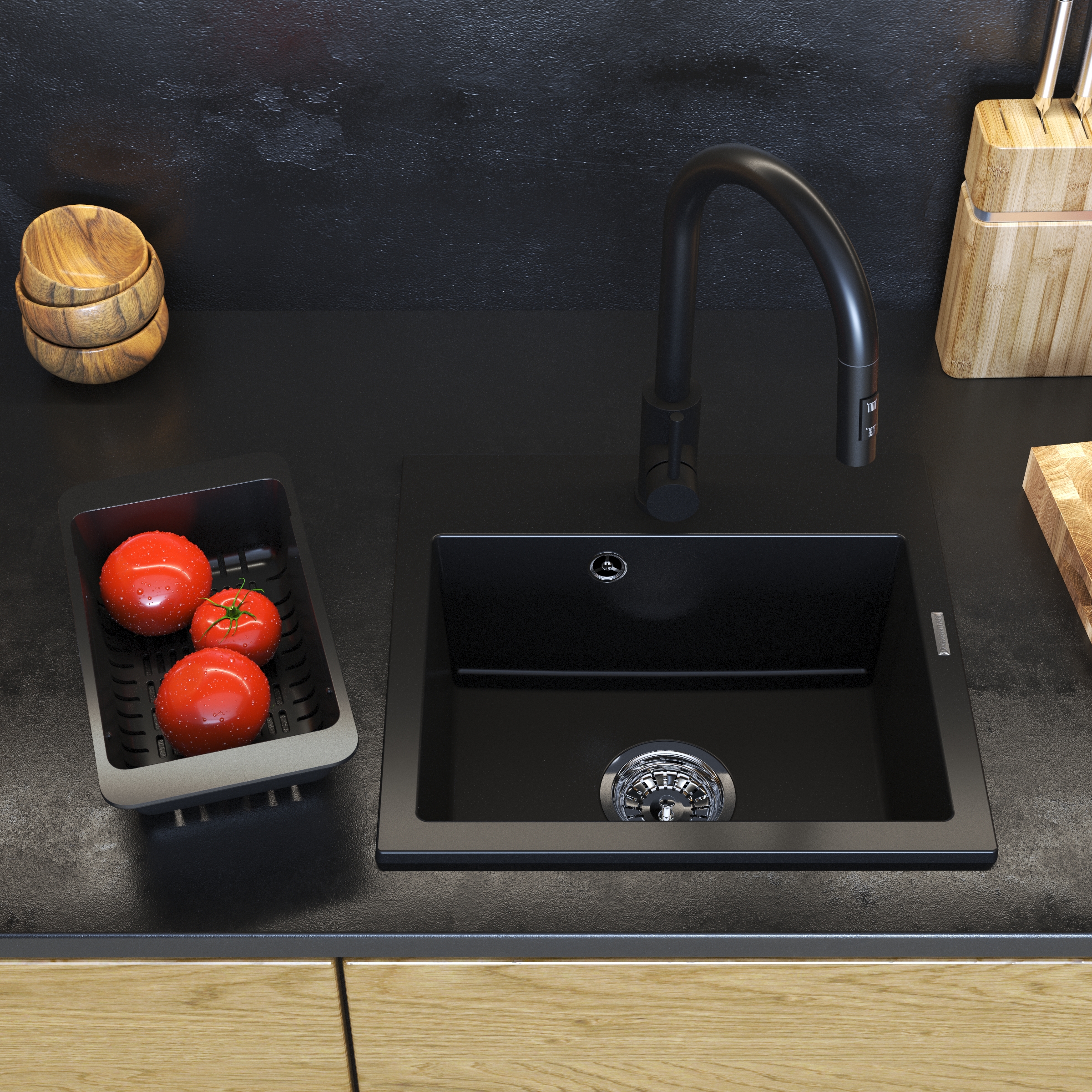 Chiuvetă granit NEGRU TINY Set CHIUVETĂ baterie LOSETO negru sifon